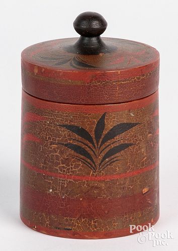 Turned and painted wood canister, 19th c., 5 1/4"
