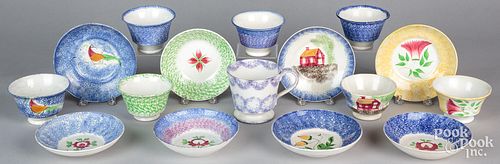 Six spatterware cups and saucers, 19th c., etc.