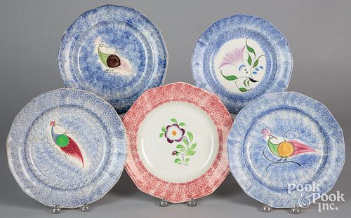 Five spatterware plates, 19th c.