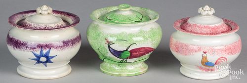 Three spatterware sugar bowls, 19th c.