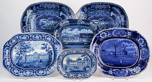Five historic blue Staffordshire platters, 19th c.