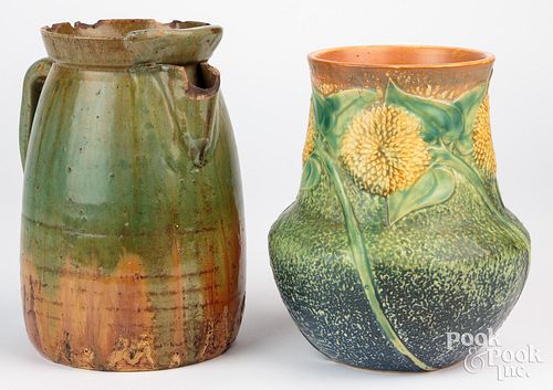 Roseville sunflower art pottery vase and a pitcher