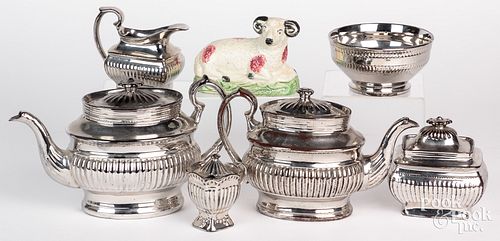 Silver resist tea service and a Staffordshire ram