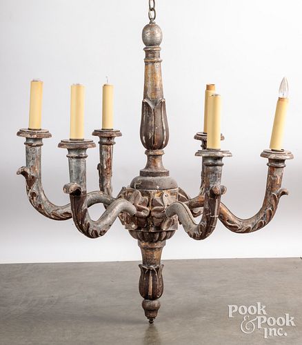 Large turned and carved wood hanging chandelier