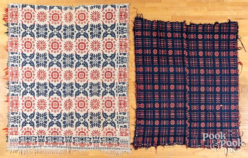 Two Jacquard coverlets, one dated 1857
