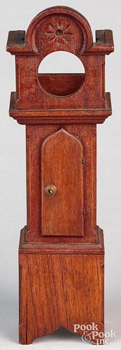 Miniature walnut tall case clock watch hutch
