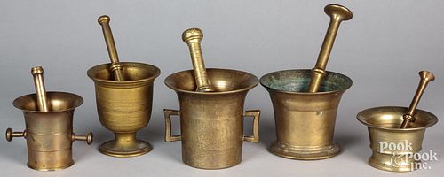 Five bell metal and brass mortar and pestles