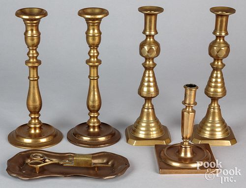Group of brass candlesticks, 19th c., etc.