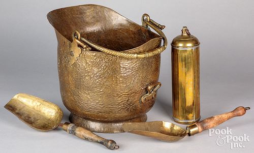 Group of brass items, to include a coal scuttle