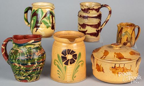 Six pieces of French redware, 19th c.
