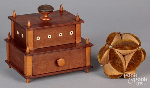 Spool caddy, 19th c. and a sewing ball