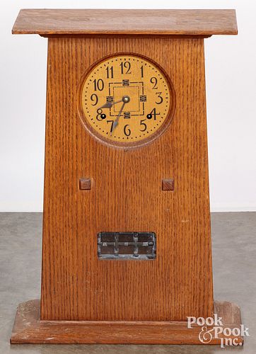 Contemporary Stickley oak mantel clock, dated 1990