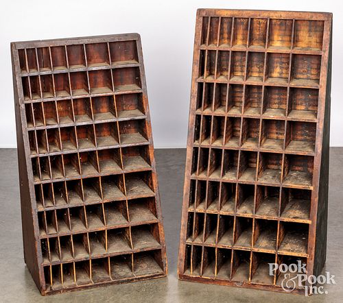 Two painted country store canted display bins