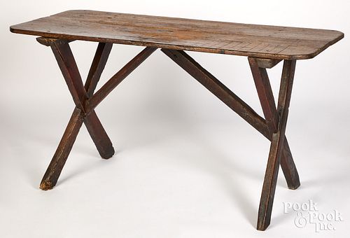 Painted oak and walnut sawbuck table, early 19th c
