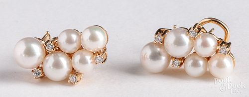 Pair of 14K gold, diamond, and pearl earrings