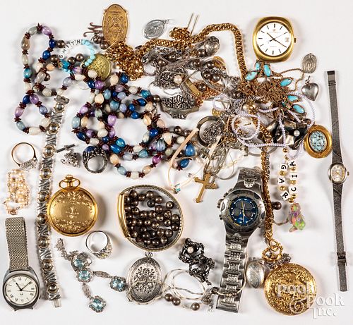 Group of costume and silver jewelry, watches, etc.