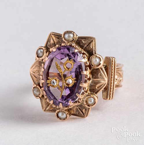 Victorian 10K gold, amethyst, and seed pearl ring