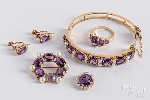 14K gold, amethyst, and pearl jewelry set