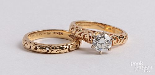 14K gold diamond solitaire ring and matching band