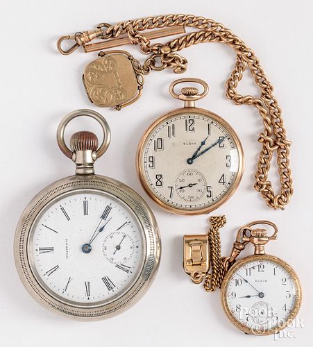 Waltham pocket watch and Elgin watches and a fob