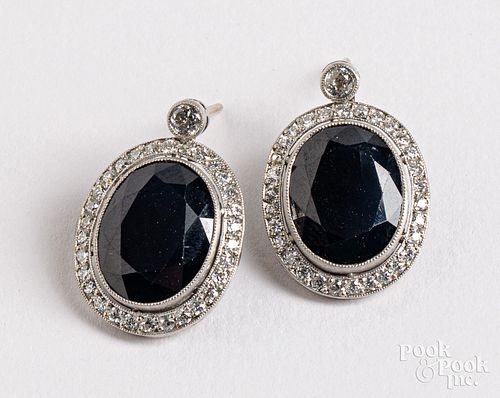Pair of 18K gold, diamond, and sapphire earrings