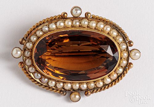 14K gold, seed pearl, and gemstone brooch