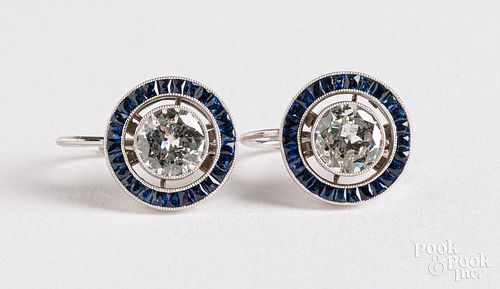 Pair of 14K gold, diamond, and sapphire earrings