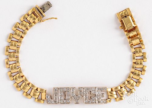 14K gold and diamond Joyce bracelet, 9.1 dwt.