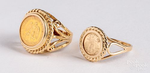 Two 14K gold rings, with inset gold coins, 5.3 dwt