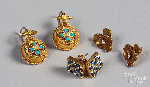 Three pair of 14K gold earrings