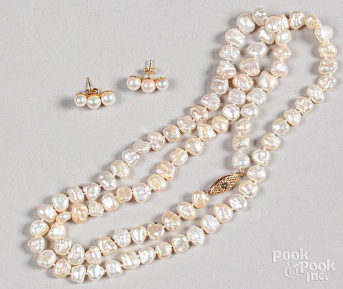 Pearl necklace with 14K gold clasp and earrings