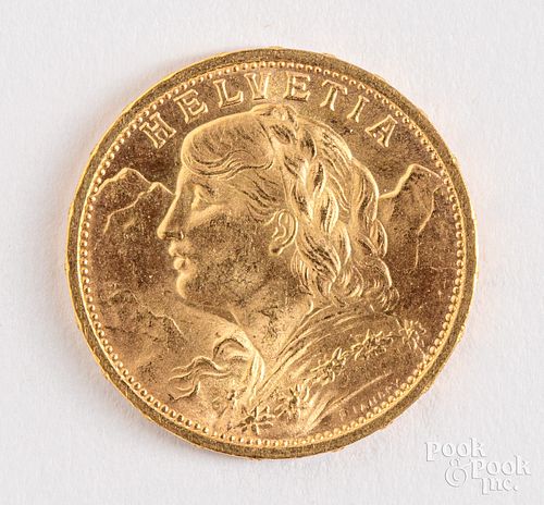 1911 Helvatia 20 franc gold coin, 6.5 g.