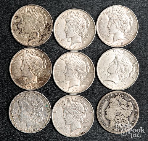 Nine silver dollars, to include two Morgan