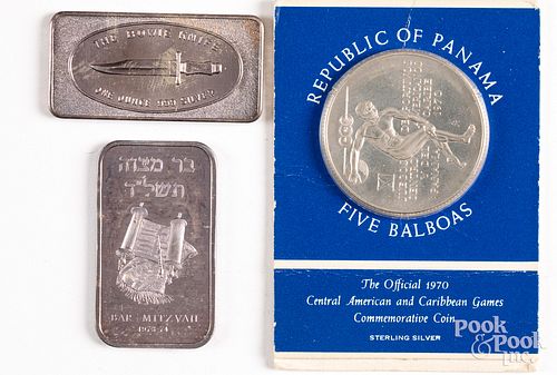 Two fine silver ingots and a sterling five balboa