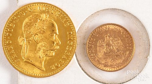 Austrian 1915 gold franc and a two pesos gold coin
