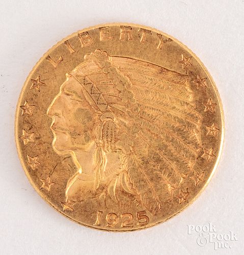 1925 Indian Head two and a half dollar gold coin.