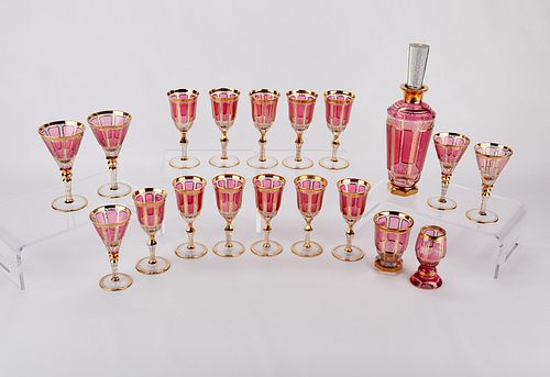 19 Bohemian Overlay Cut Glass Goblet Set