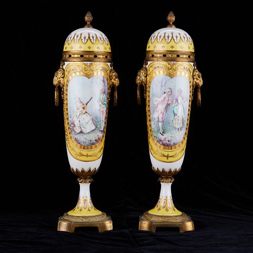 Pair of Yellow Sevres Style Urns
