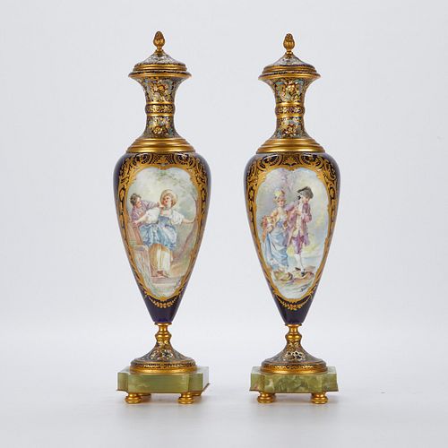 Pr Sevres Style Urns w/ Champleve Signed Rochette