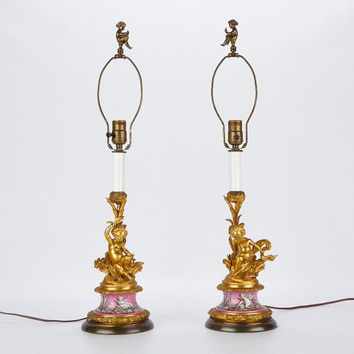 Pair of Gilt Bronze Cherub Lamps w/ Porcelain Base