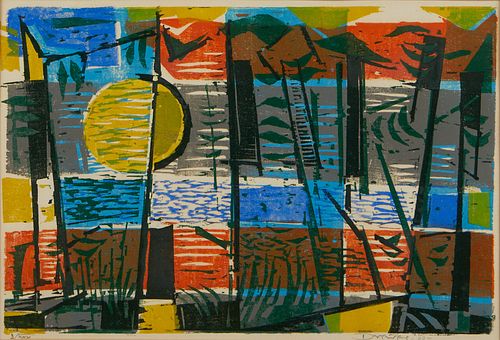 Werner Drewes "Reflections" Woodcut