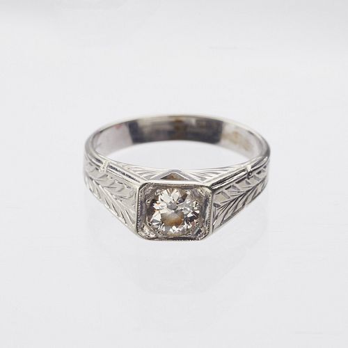 Euro Cut Diamond 18k White Gold Art Deco Ring