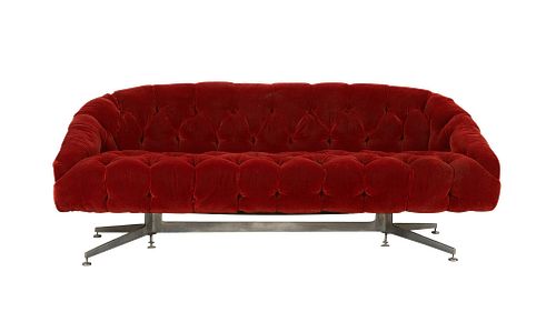 Ward Bennett MCM Red Velvet Tufted Couch