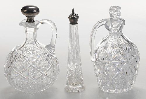 Brilliant Period Cut Glass Bitters Bottle, Two Decanters