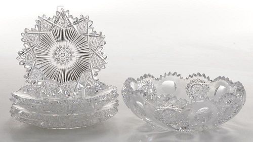 Five Brilliant Period Cut Glass Plates, Bowl