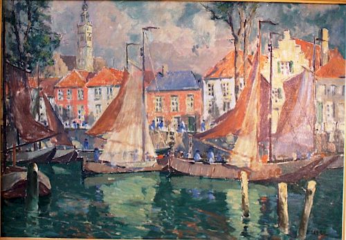 Jonas Lie (1880-1940) Harbor Painting