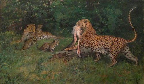 Charles Knight (1874 -1953) Leopard with Flamingo Wildlife painting