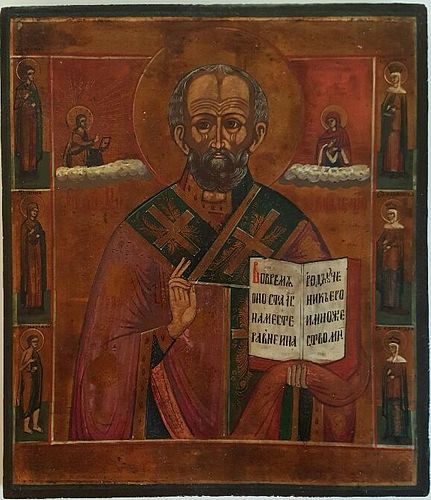 Antique Russian Icon Nicholas Wonderworker with six Saints.