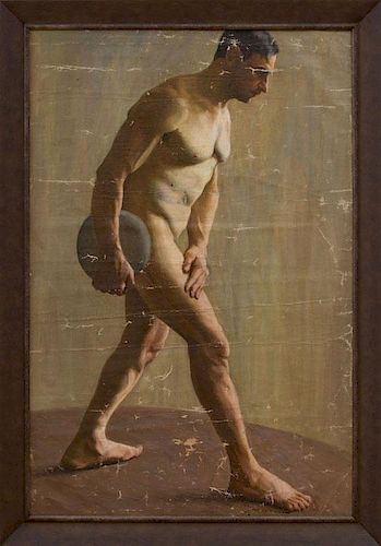 20TH CENTURY SCHOOL: STANDING MALE NUDE WITH DISC