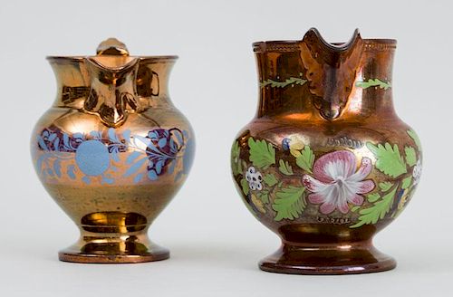 TWO ENGLISH PAINTED COPPER LUSTER PITCHERS